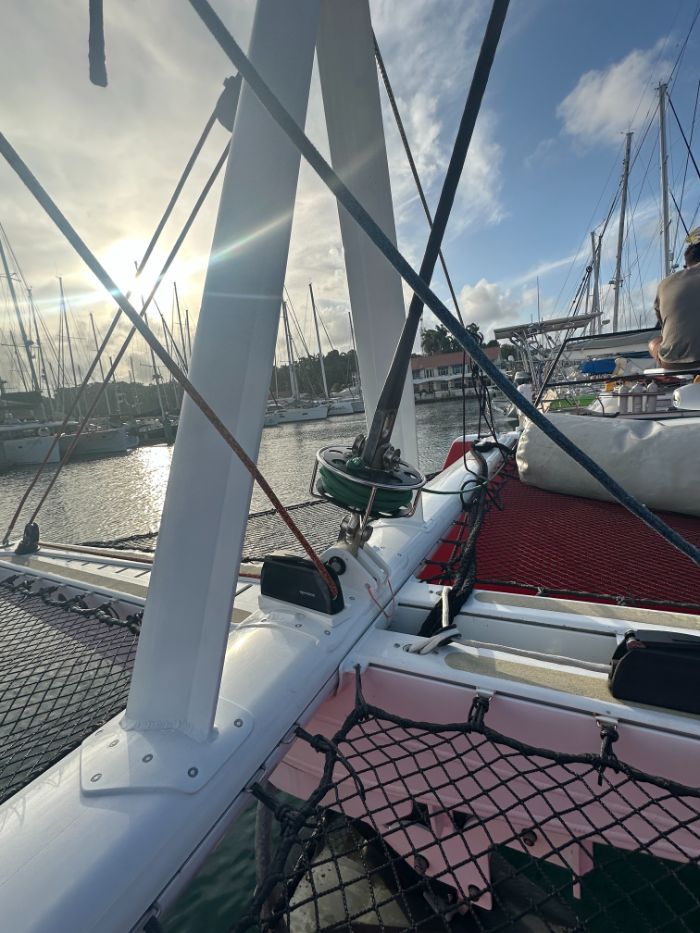 Furler drum and control lines on a catamaran bowsprit