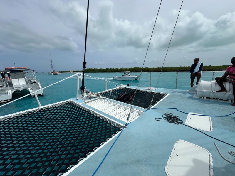 Foredeck and trampolines on a large charter catamaran