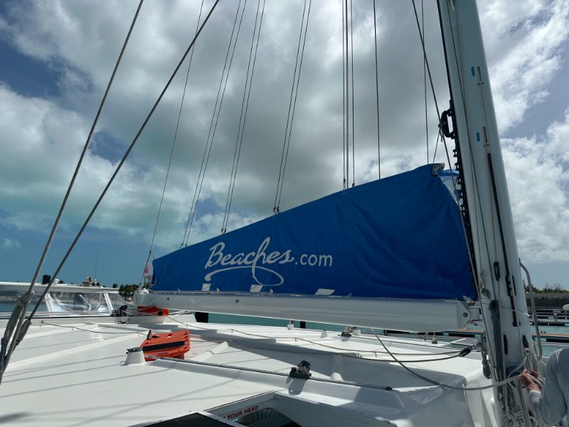 Boom and stack-pack on a charter catamaran